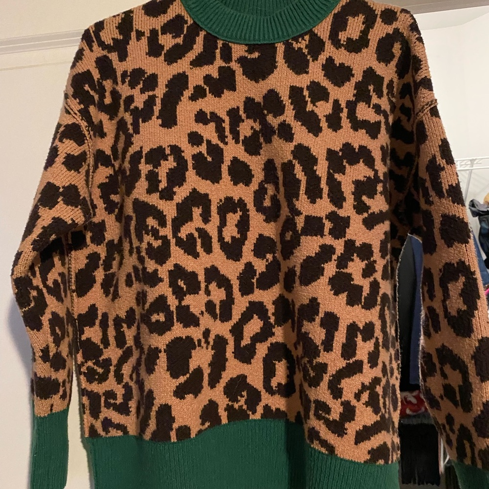 Aerie Oversized Leopard Print Sweater with Green Accents